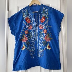 Johnny Was  Blue Peloza Floral Embroidered Blouse Top Sz Medium